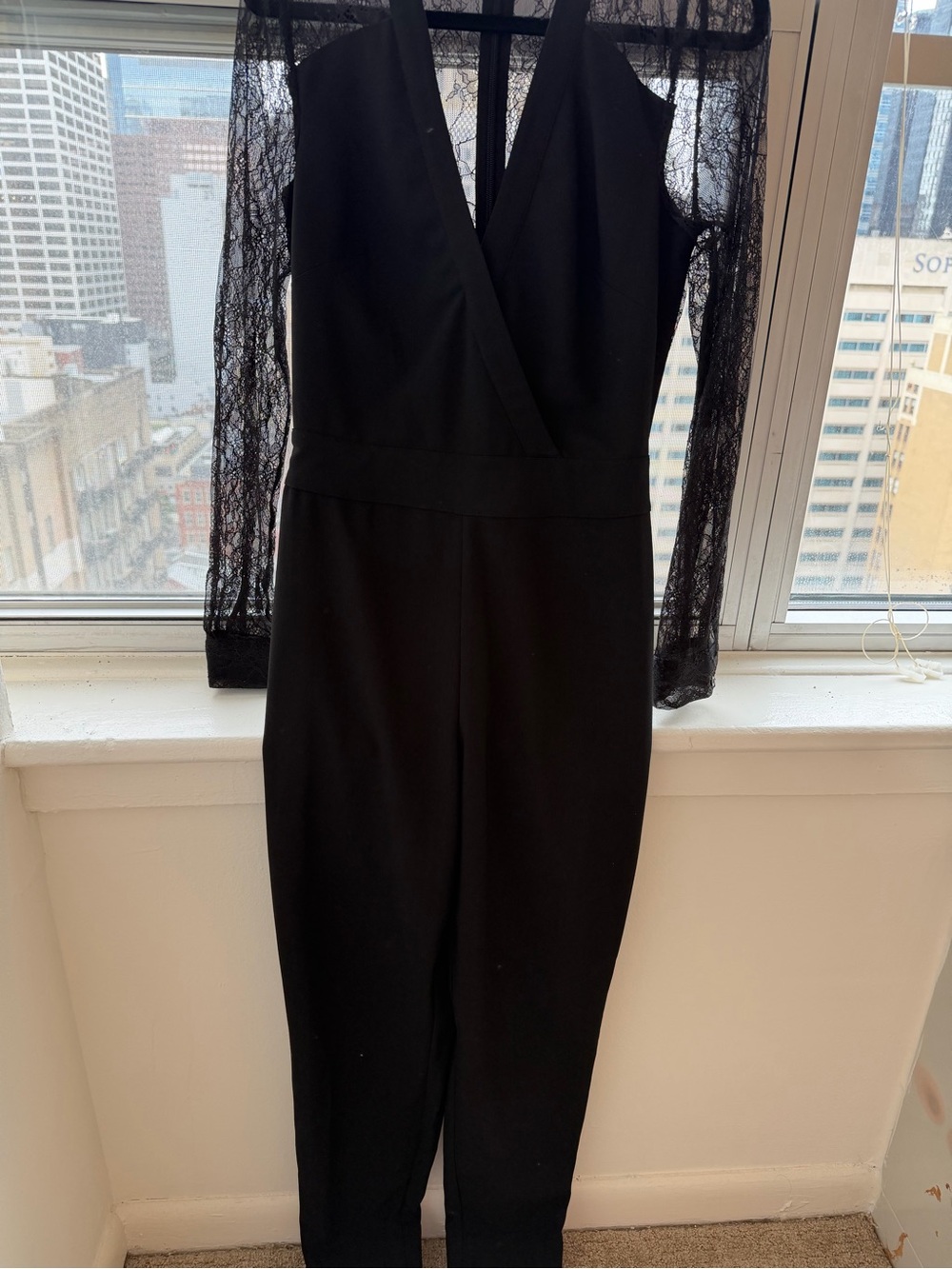 bebe Black Lace-Sleeve Surplice Jumpsuit